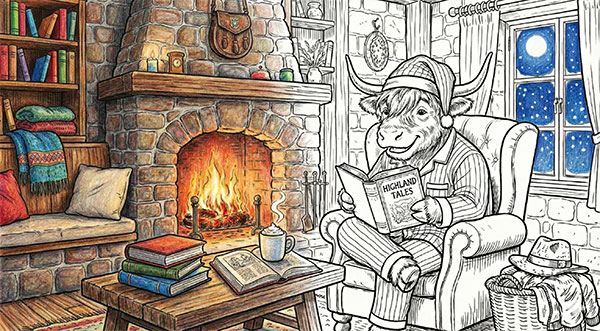 Wally reading by the fire
