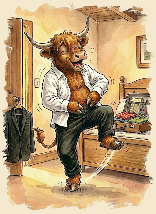 Wally struggles with his trousers